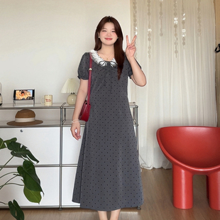 胖mm夏季 微胖 2025新款 喵喵大码 气质显瘦花边波点连衣裙2998 女装