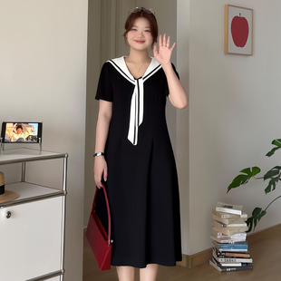 微胖 胖mm夏日巨好看显瘦遮肚海军领撞色连衣裙3239 喵喵大码 女装