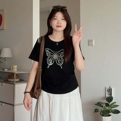 大码胖mm烫钻设计感显瘦短袖T恤