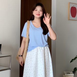 喵喵 宽松漂亮独特显瘦掐腰短袖 大码 mm夏季 T恤上衣3733 女装 微胖