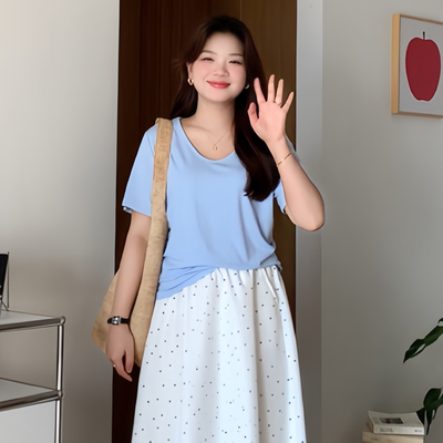 大码女装显瘦收腰短袖T恤衫上衣