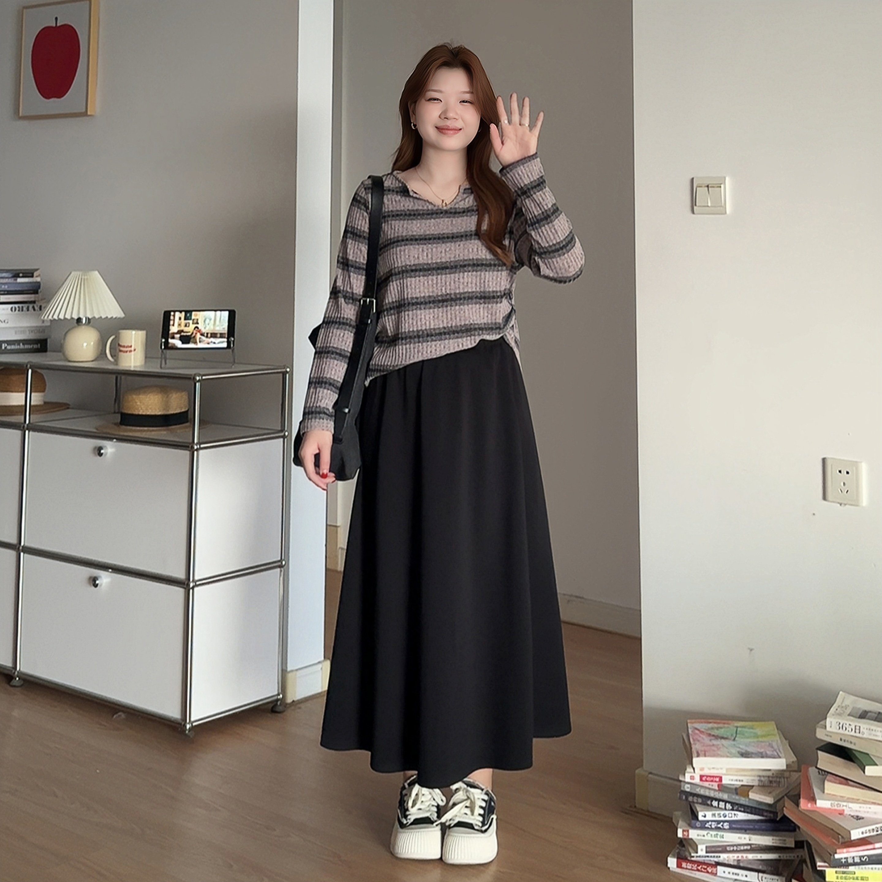 微胖的喵喵大码梨型中长款a字裙胖mm春装新款遮胯显瘦半身裙6026