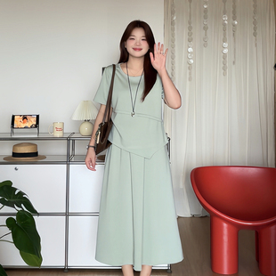 喵喵大码 胖mm夏装 微胖 女装 5123 显瘦上衣半身裙巨好看 两件套装