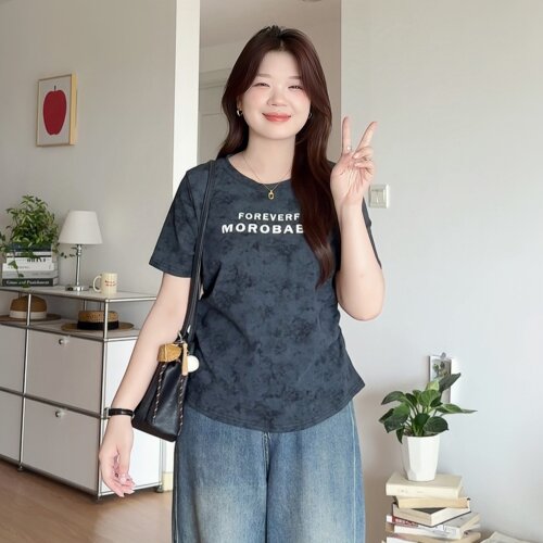 大码胖mm扎染正肩显瘦短袖T恤女