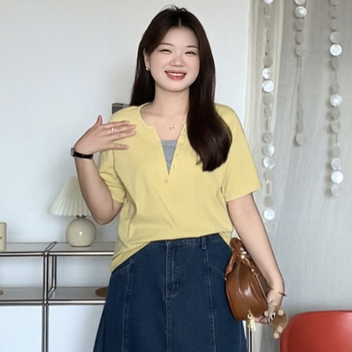 大码撞色拼接正肩短袖T恤上衣女