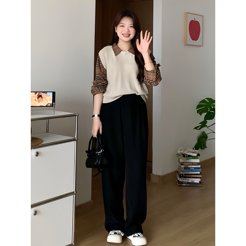 春季大码女假两件衬衫领针织上衣