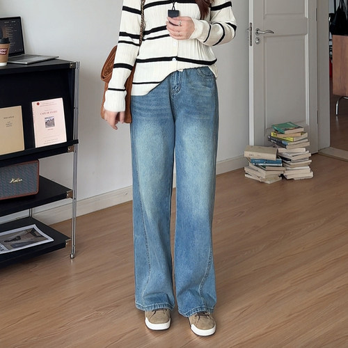 大码女装秋季蓝色遮肉显瘦牛仔裤