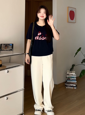 微胖的喵喵大码女装梨形mm春装显瘦休闲百搭高腰直筒阔腿裤子1098