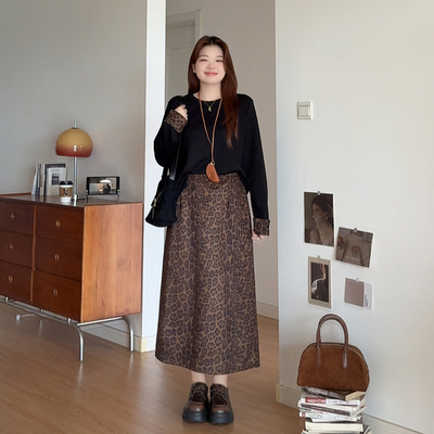 大码女装上衣豹纹半身裙两件套