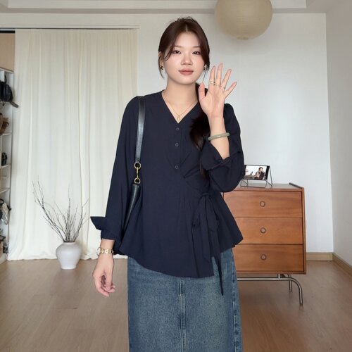 大码秋装胖mm绑带长袖衬衫上衣女