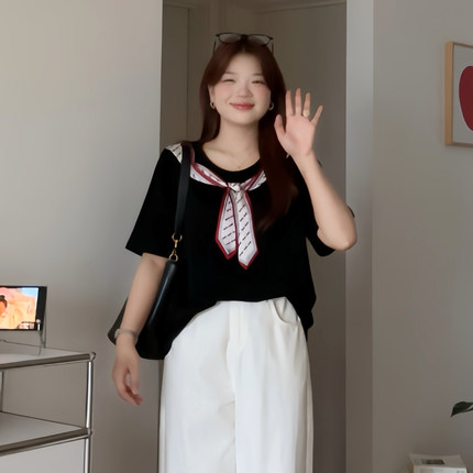 微胖的喵喵大码女装胖mm夏装巨好看显瘦圆领T恤短袖遮肚上衣 8980