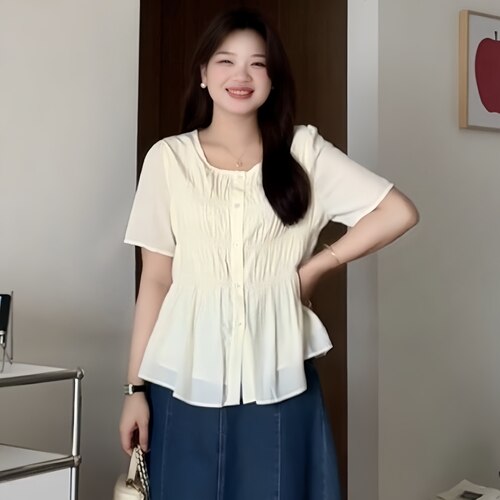 大码显瘦气质圆领短袖衬衫上衣女