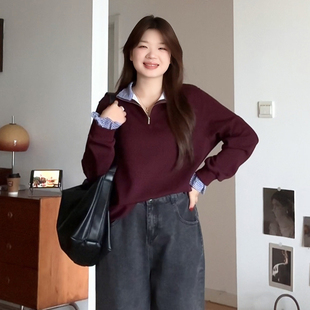 胖mm秋冬半开领刺绣卫衣拼接条纹休闲上衣6123 女装 微胖 喵喵大码