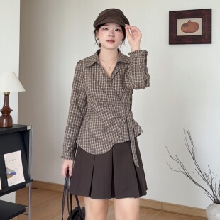 微胖的喵喵大码秋装女款2026新款胖mm遮肚子显瘦格子衬衫上衣0327