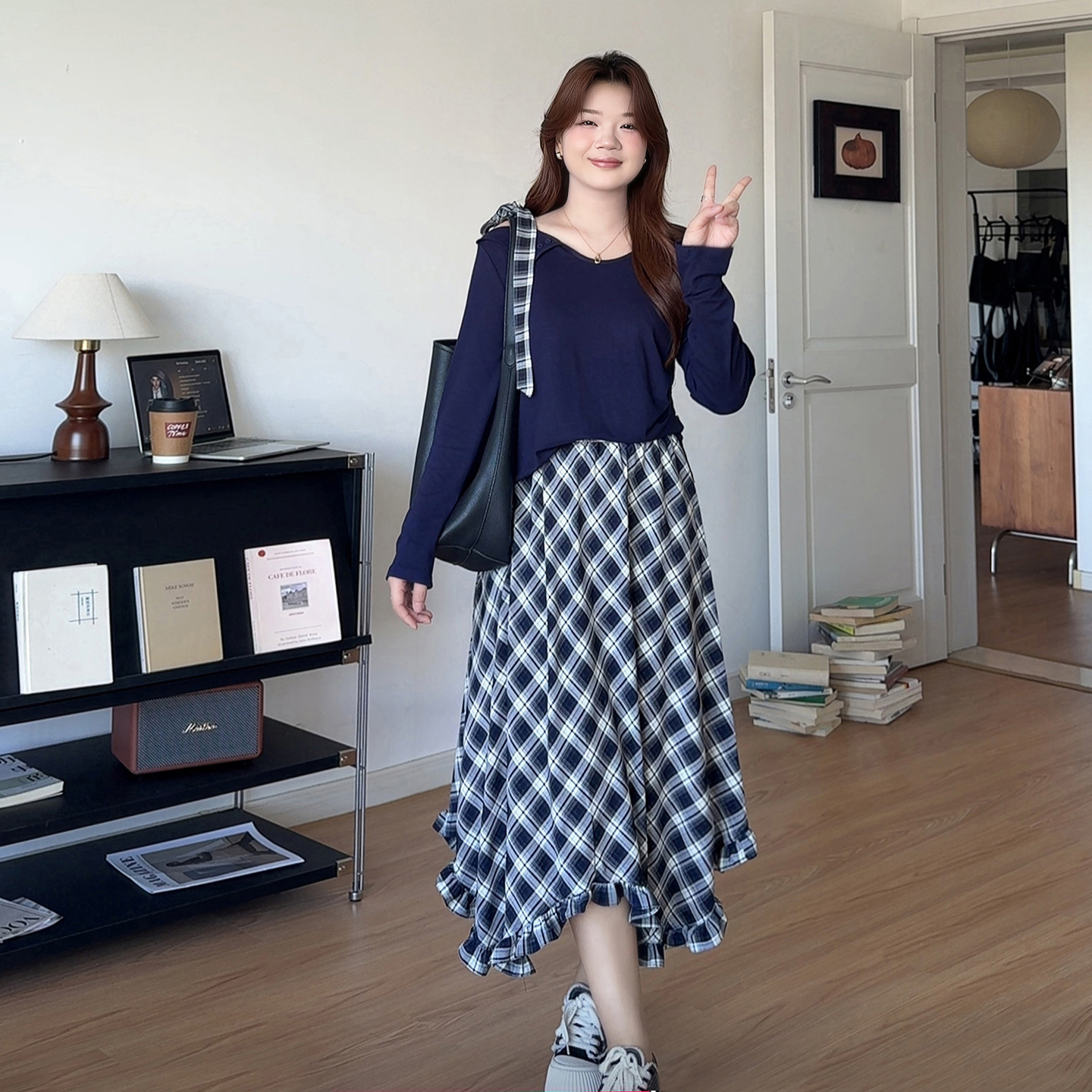 大码蝴蝶结上衣格子半身裙两件套
