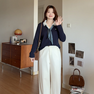 巨好看设计感丝巾气质polo衫 微胖 胖mm秋季 女装 上衣5985 喵喵大码