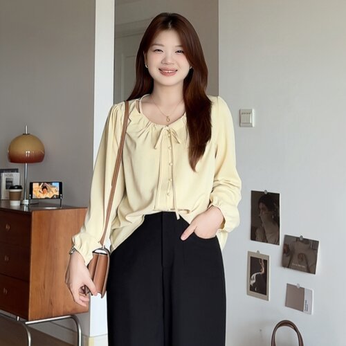 大码女装温柔气质系带衬衫上衣