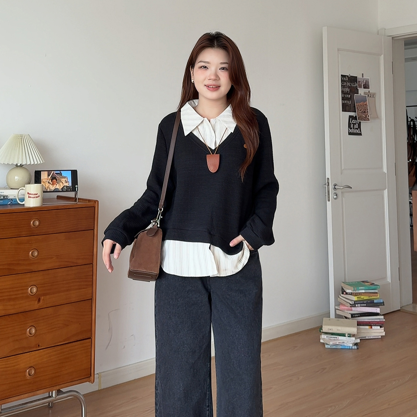 春季大码显瘦条纹衬衫拼接上衣女