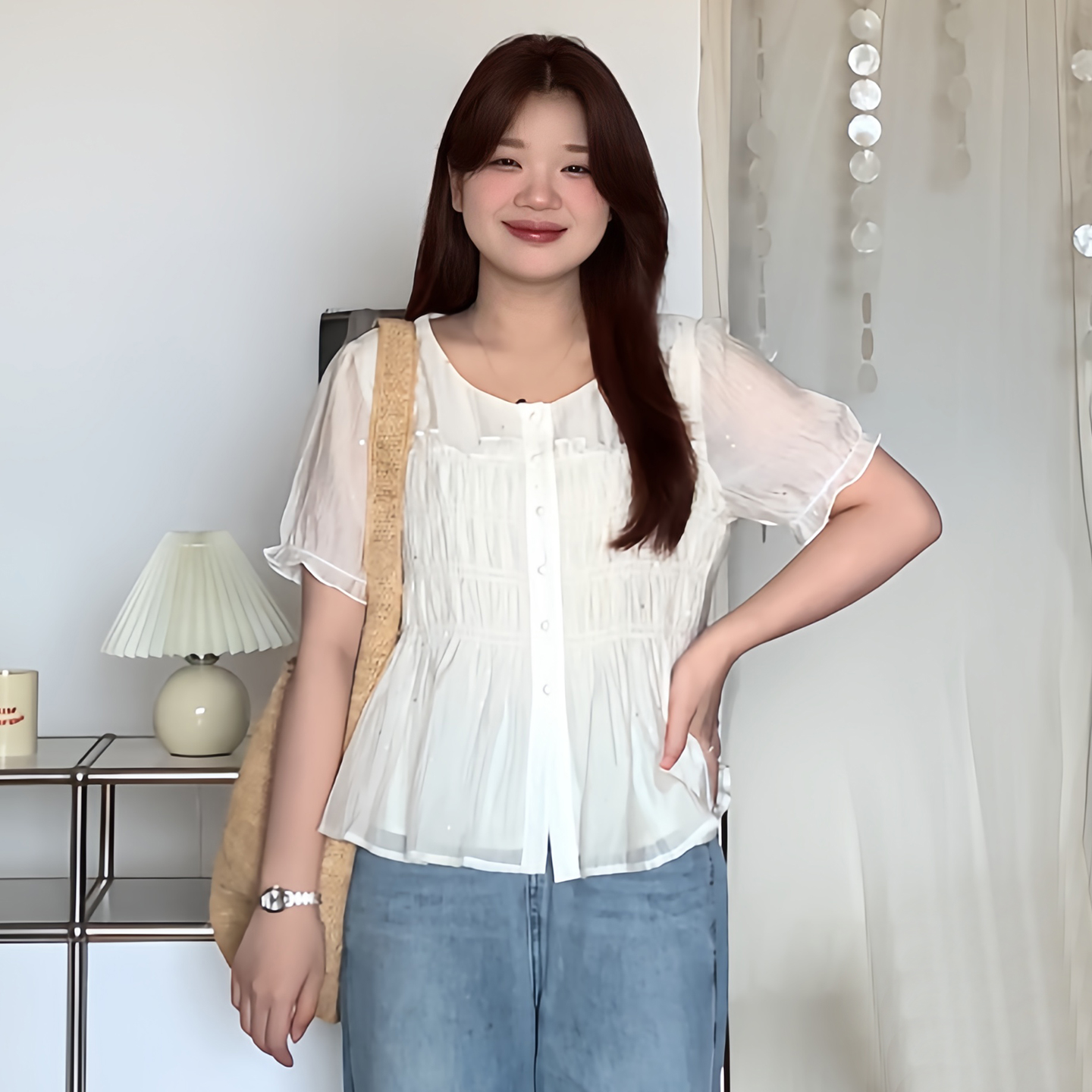 大码女装法式显瘦遮肚短袖衬衫女