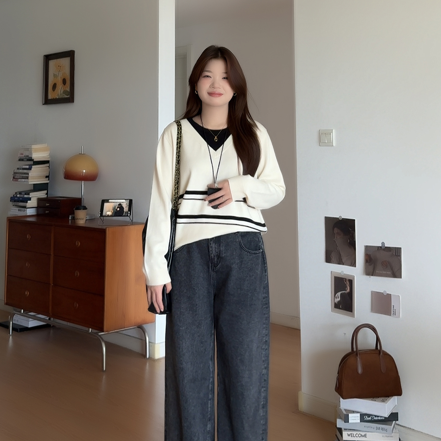 学院风大码巨显瘦假两件针织上衣