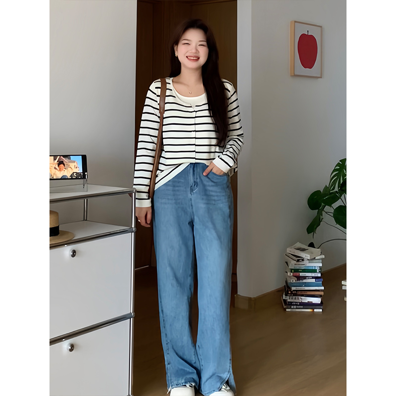 春季大码假两件条纹针织衫上衣女