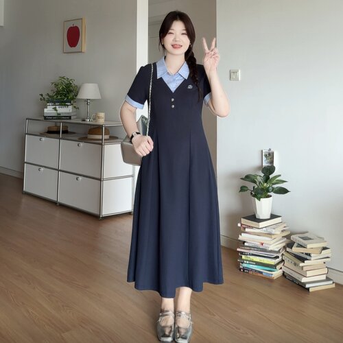大码胖mm通勤巨显瘦假两件连衣裙