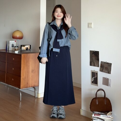 大码女装披肩条纹衬衫半裙三件套