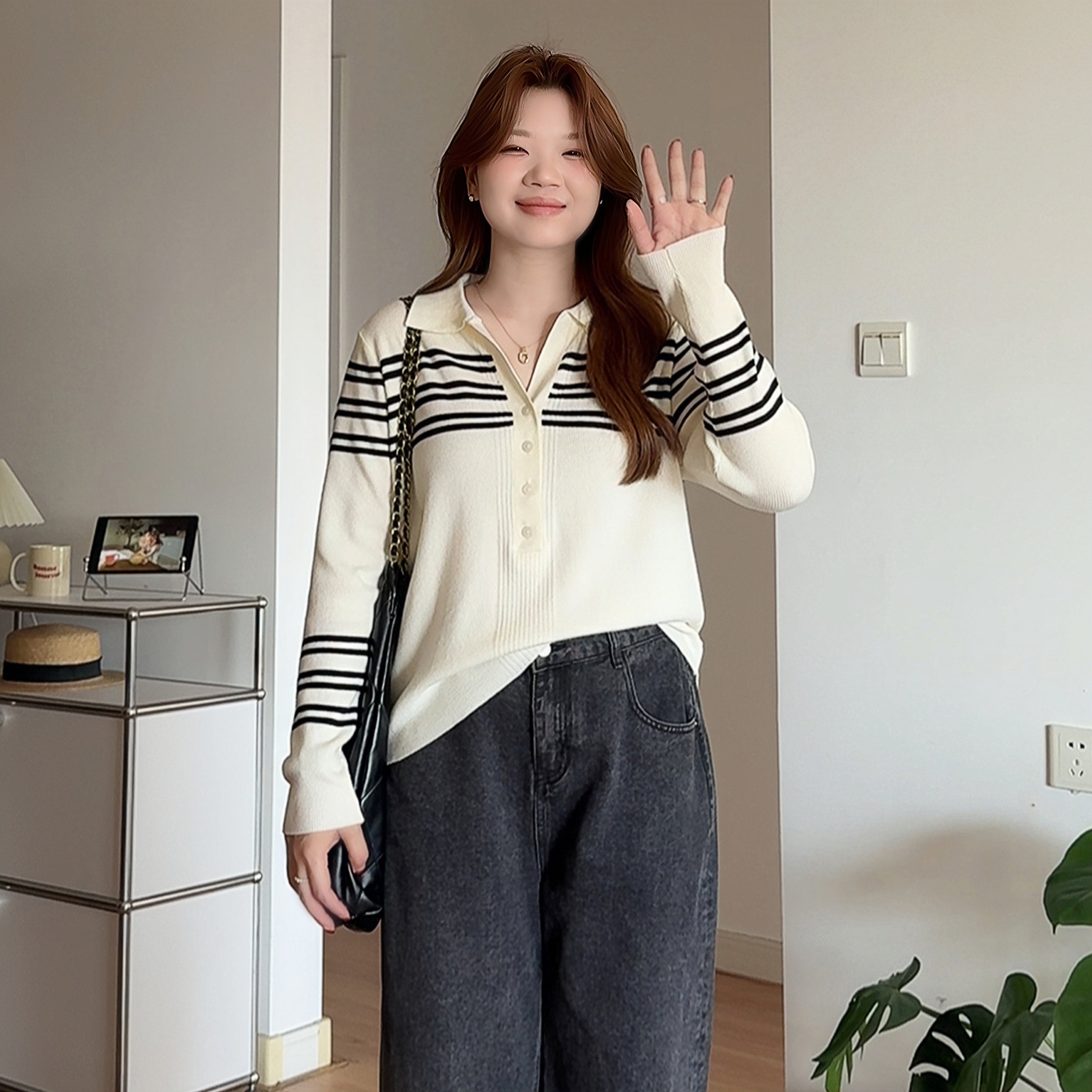 微胖的喵喵大码女装胖mm春装条纹翻领毛衣宽松巨遮肉针织上衣2050,女装/女士精品,大码内搭,淘宝优惠券,粉丝福利购,淘宝优惠卷