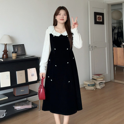 微胖的喵喵大码女装胖mm秋冬季法式气质优雅假两件丝绒连衣裙3356