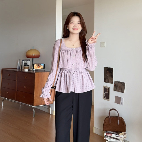 大码女装法式镂空方领设计感上衣