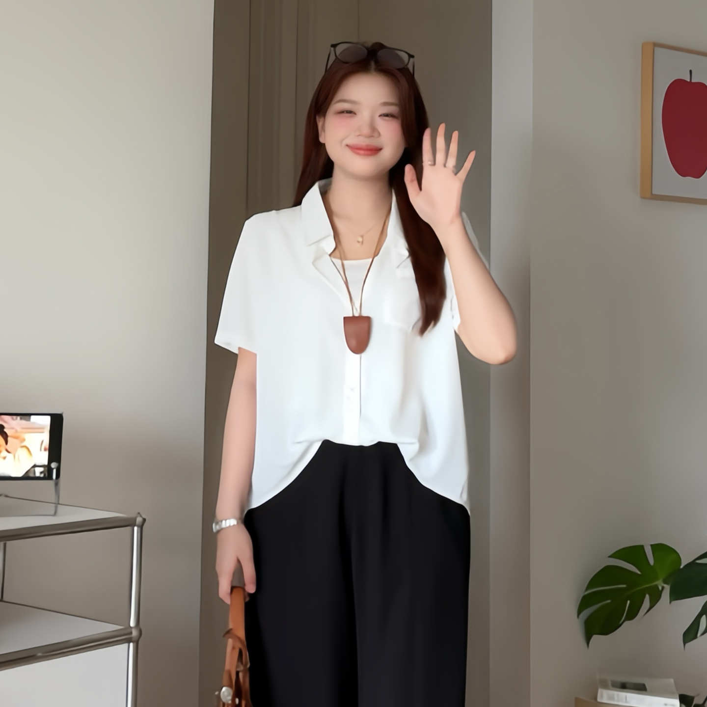 大码女装显瘦纯色假两件衬衫上衣