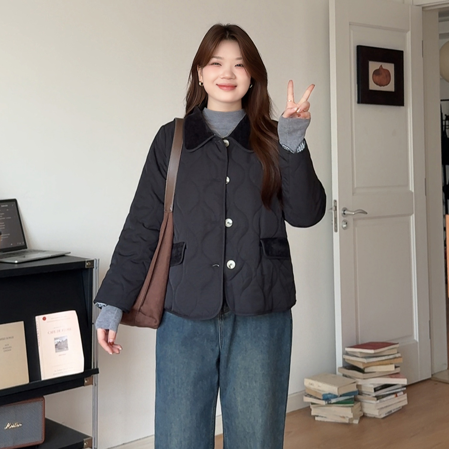 大码休闲减龄巨好看翻领棉服外套