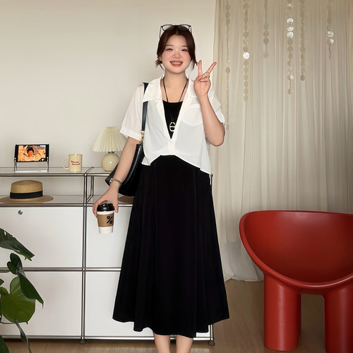 大码显瘦衬衫吊带连衣裙两件套装