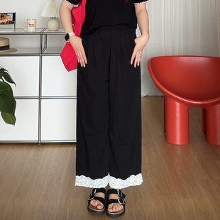 子5685 微胖 喵喵梨型身材大码 女装 胖mm巨显瘦拼接蕾丝花边阔腿裤