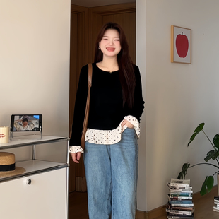 微胖的喵喵大码女装梨形胖mm春装显瘦波点荷叶边遮肉针织上衣4150