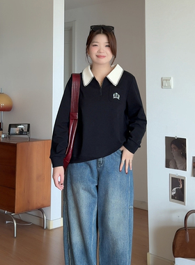 微胖的喵喵大码女装胖mm秋冬穿搭韩系巨好看的显瘦polo领卫衣3297