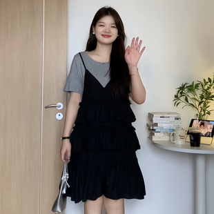 喵喵大码 胖mm夏季 微胖 女装 显瘦假两件短袖 独特漂亮巨遮连衣裙装