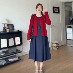 两件套装 胖mm早春一整套穿搭巨显瘦连衣裙开衫 3715 喵喵大码 微胖