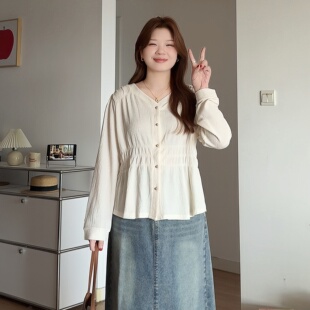 胖mm早春韩系气质穿搭遮肚巨显瘦长袖 衬衫 上衣0325 喵喵大码 微胖
