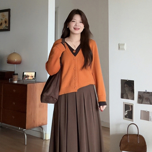 V领拼接气质假两件针织毛衣开衫 微胖 胖mm春装 女装 3807 喵喵大码