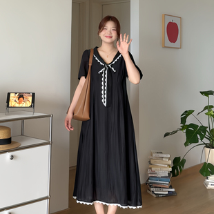 系带蝴蝶结巨显瘦天丝连衣裙减龄6898 微胖 喵喵大码 女装 胖mm夏季