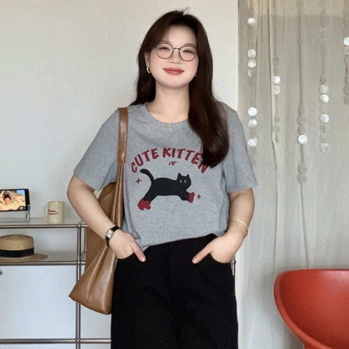 大码显瘦猫咪印花短袖T恤上衣女