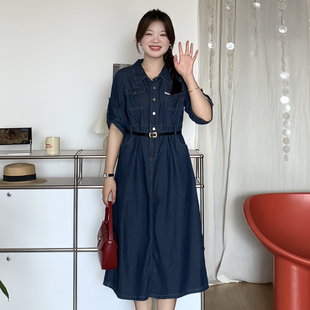 独特漂亮收腰显瘦短袖 微胖 胖mm夏季 喵喵大码 牛仔连衣裙2034 女装