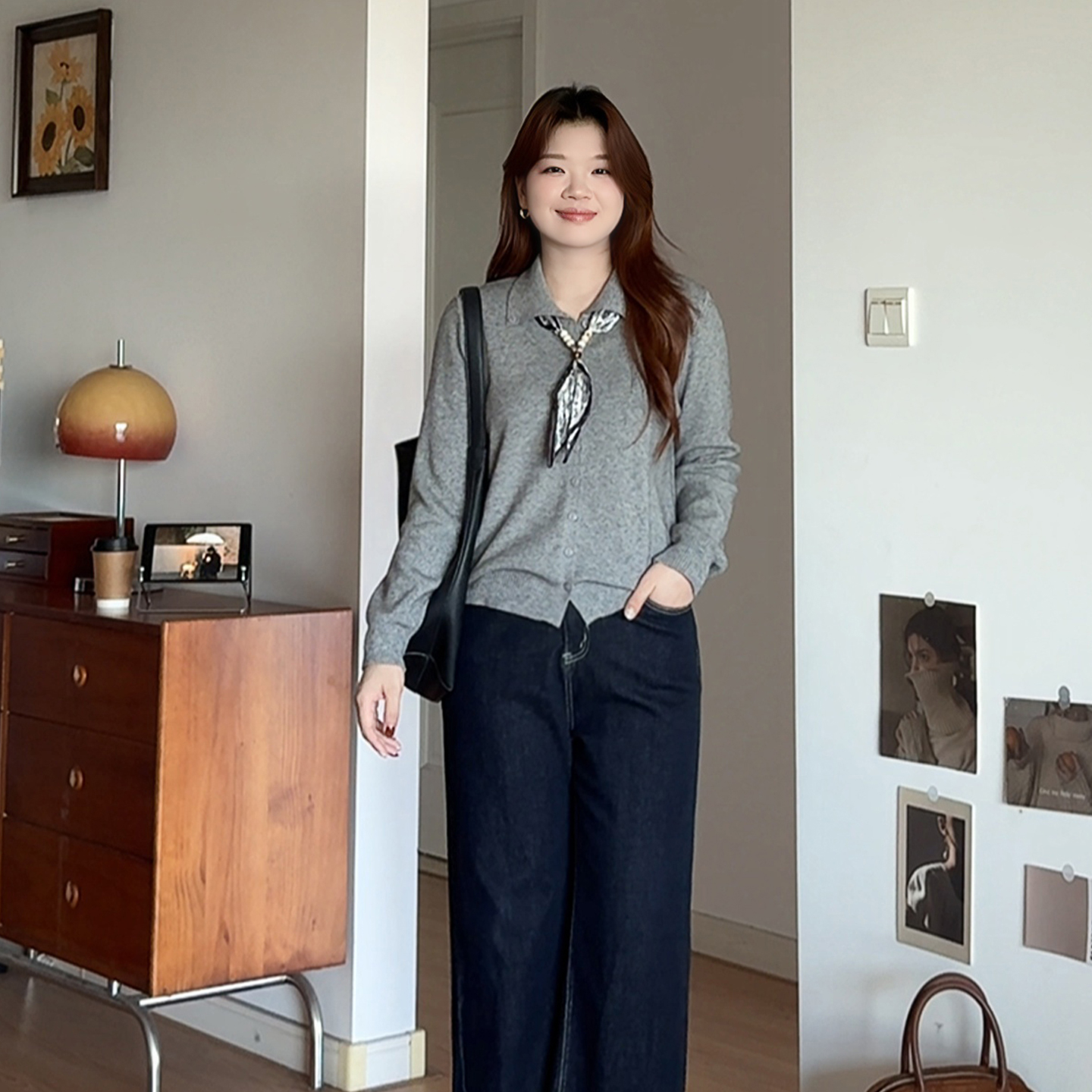 大码女装休闲显瘦翻领丝带针织衫