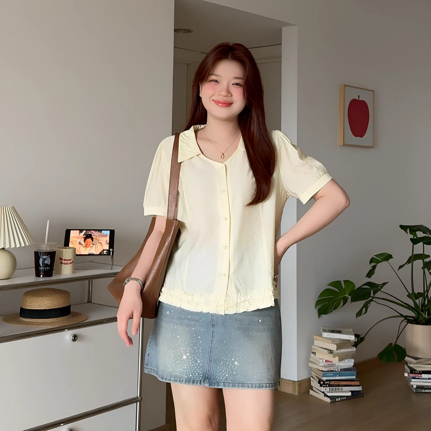 大码女装胖mm木耳边衬衫短袖上衣