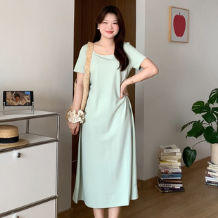 喵喵 女装 微胖 大码 A字连衣裙0369 mm夏季 巨显瘦气质遮肚收腰短袖