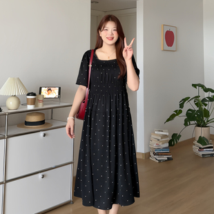 胖mm夏季 微胖 2025新款 喵喵大码 好看显瘦方领波点连衣裙2239 女装