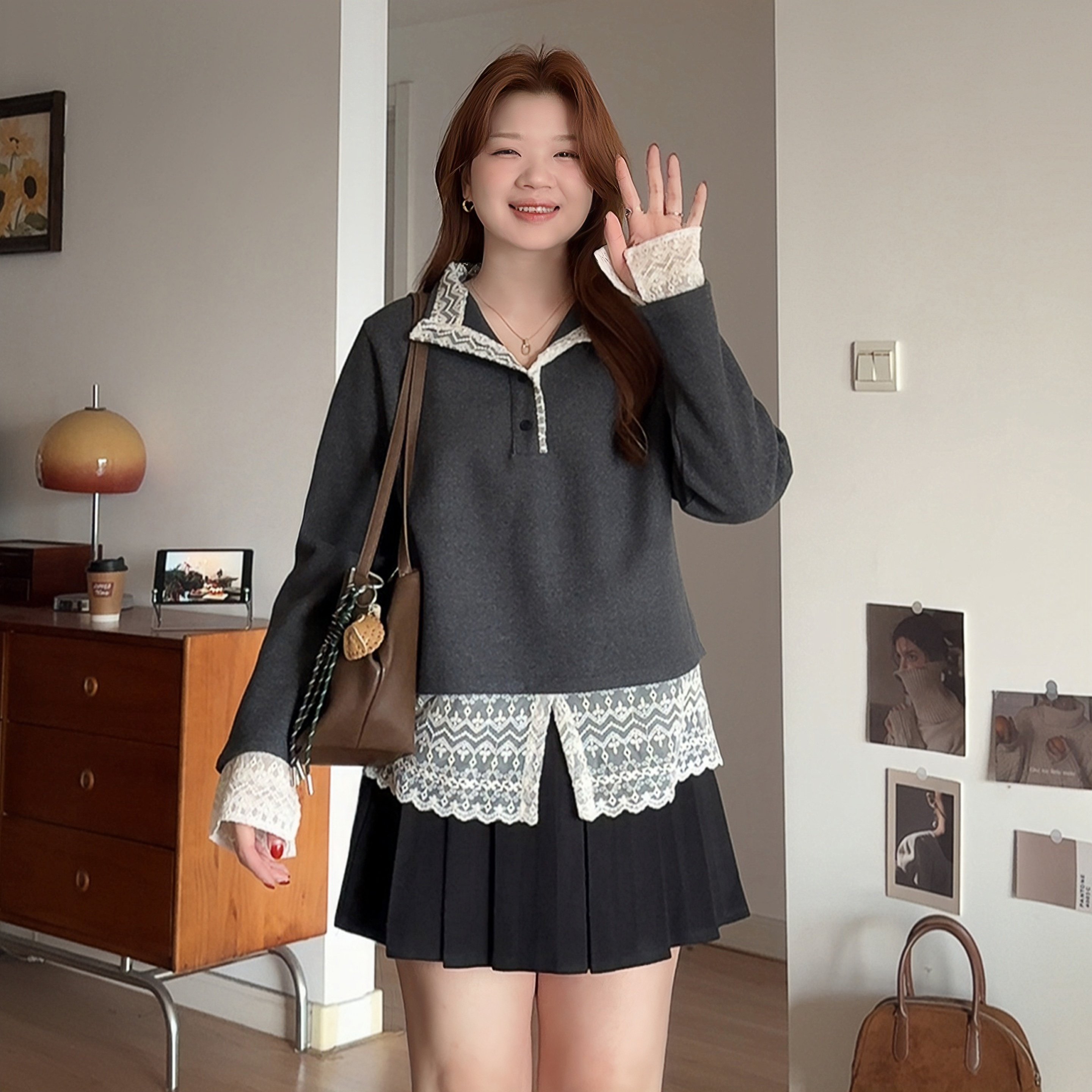 微胖的喵喵大码女装胖mm秋冬韩系立领拼接蕾丝设计感毛呢上衣3522,女装/女士精品,大码内搭,淘宝优惠券,粉丝福利购,淘宝优惠卷