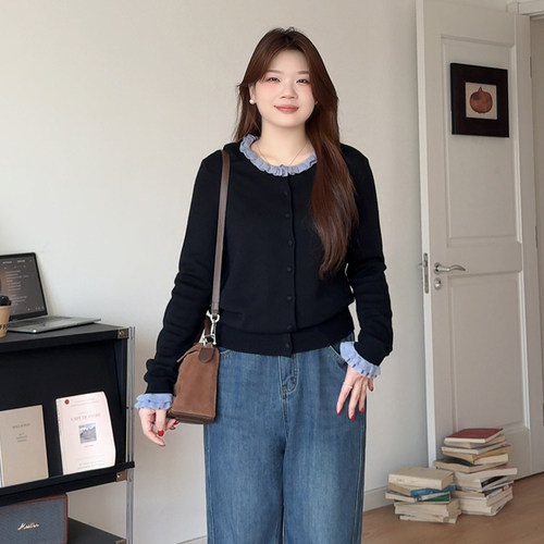 大码胖mm洋气木耳边针织长袖开衫