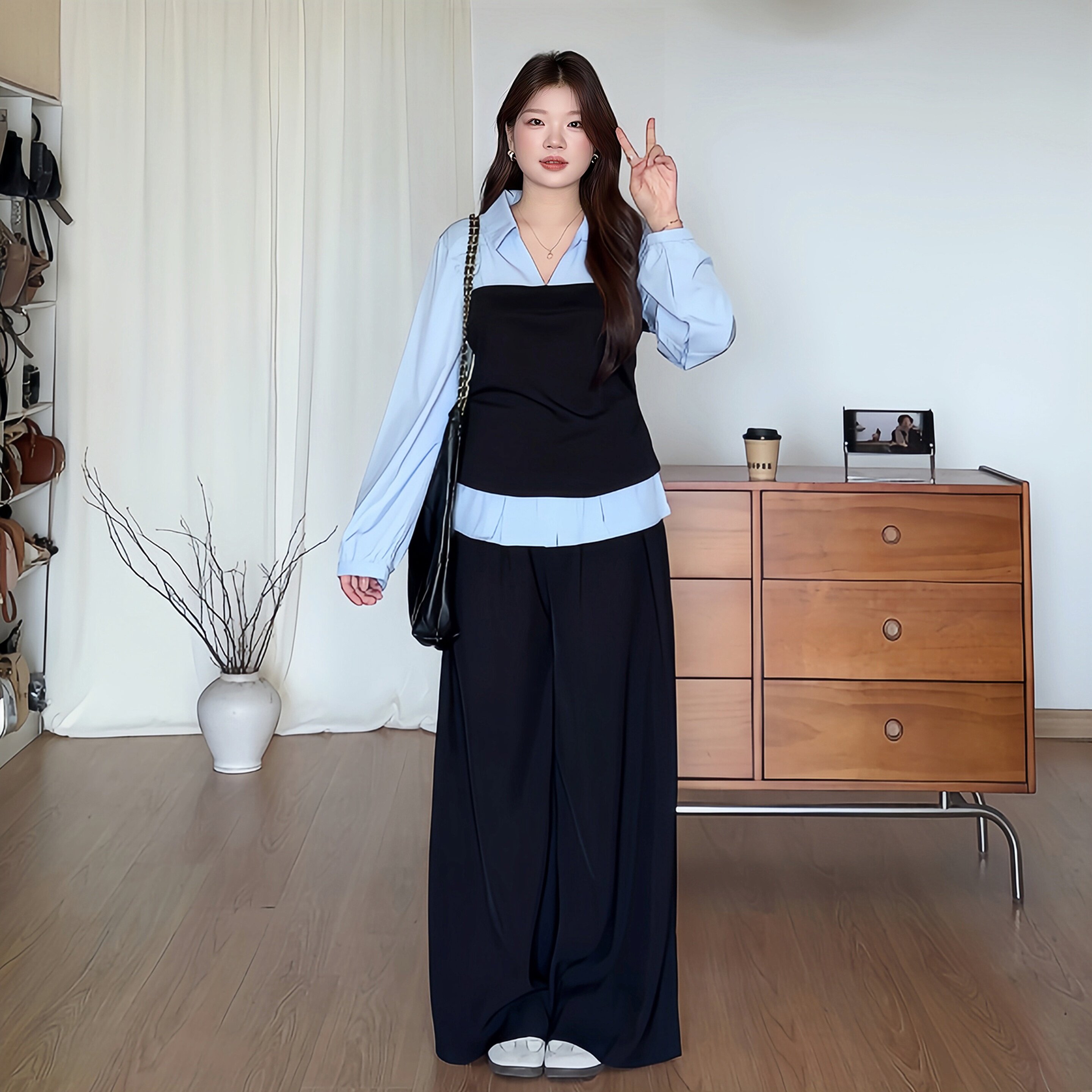 微胖的喵喵大码女装胖mm秋装通勤穿搭一整套衬衫阔腿裤两件套1106